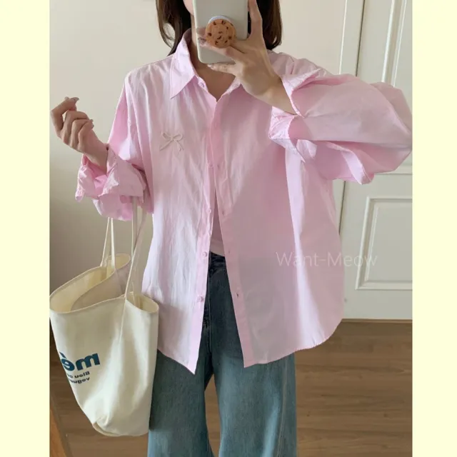 【Want-Meow】80公斤可穿/韓系減齡蝴蝶結繡花可愛棉質挺料上衣罩衫襯衫(大碼上衣/大碼/大尺碼/長袖襯衫)
