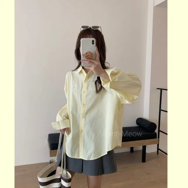 【Want-Meow】80公斤可穿/韓系減齡蝴蝶結繡花可愛棉質挺料上衣罩衫襯衫(大碼上衣/大碼/大尺碼/長袖襯衫)