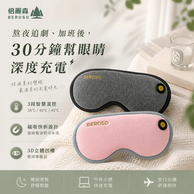 【Beroso 倍麗森】磁吸式三段溫控定時立體熱敷眼罩A00029(開學 睡眠眼罩 教師節 禮物 99購物節)
