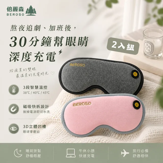 【Beroso 倍麗森】買一送一 磁吸式三段溫控定時立體熱敷眼罩A00029(蒸氣 睡眠眼罩 教師節 99購物節)