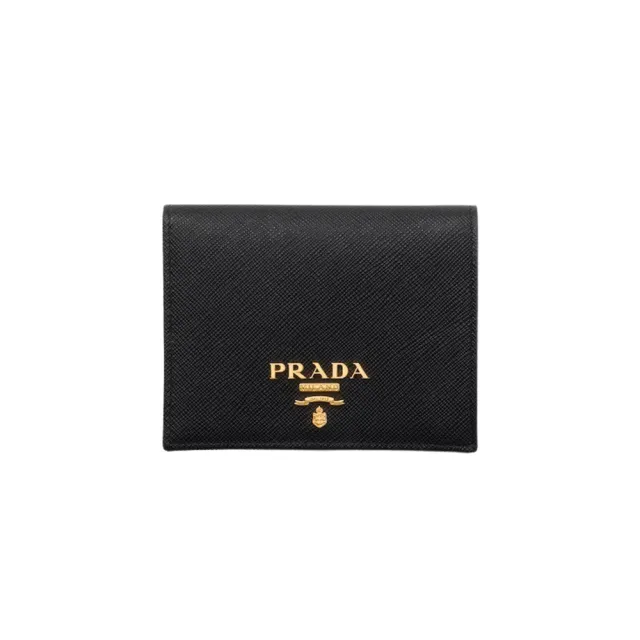【PRADA 普拉達】1MV204 黑 經典金屬印字 (對折扣式短夾)