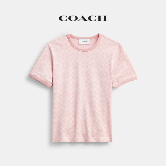 【COACH】蔻馳官方直營 經典SIGNATURE飾邊T恤-粉色經典標誌(CCB98)