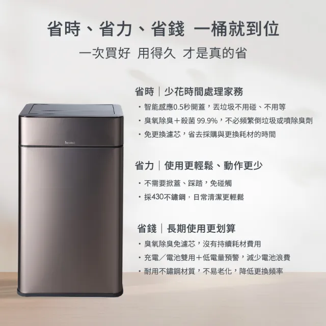 【mo select】智能感應不鏽鋼垃圾桶臭氧全域淨味2入組(旗艦大容量30L+美型高腳20L)