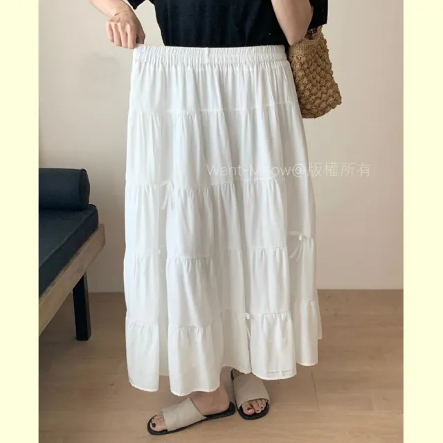 【Want-Meow】90公斤可穿/獨家不透顯瘦蝴蝶結白色鬆緊腰微A版型蛋糕裙白裙半身裙(大碼/大尺碼/加大碼/長裙)