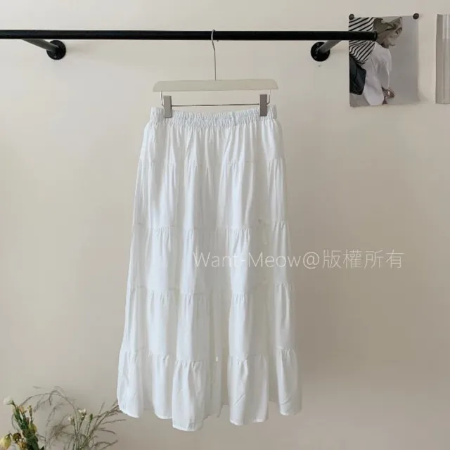 【Want-Meow】90公斤可穿/獨家不透顯瘦蝴蝶結白色鬆緊腰微A版型蛋糕裙白裙半身裙(大碼/大尺碼/加大碼/長裙)