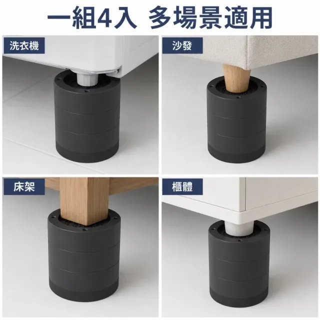 防滑減震可堆疊增高腳墊黑色四入一組(桌腳加高 沙發墊座 洗衣機腳 家具支撐 圓形底座)
