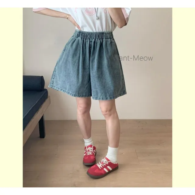【Want-Meow】70公斤可穿/寬鬆鬆緊腰顯瘦A字牛仔闊腿褲闊腿短褲(大碼/大尺碼/加大碼/短褲)