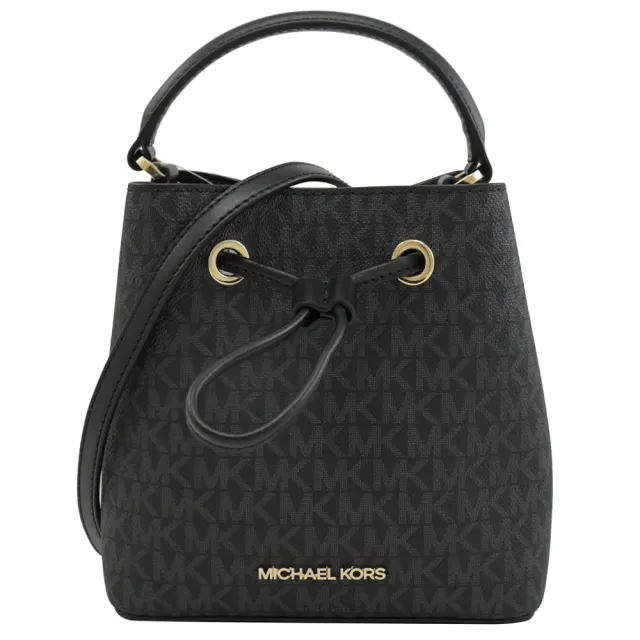 【Michael Kors】SURI MINI 滿版MK印花拼接手提斜背水桶包(黑灰)