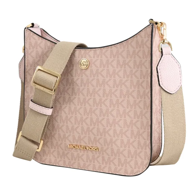 【Michael Kors】圓標LOGO滿版MK活動寬背帶個性斜背包(芭蕾粉 小)