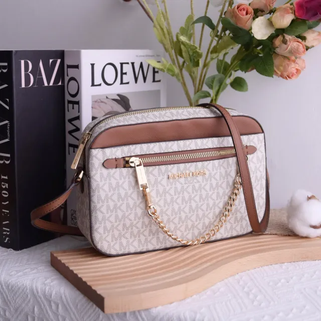 【Michael Kors】經典MK LOGO拼接附鍊條方包斜背包(咖白)