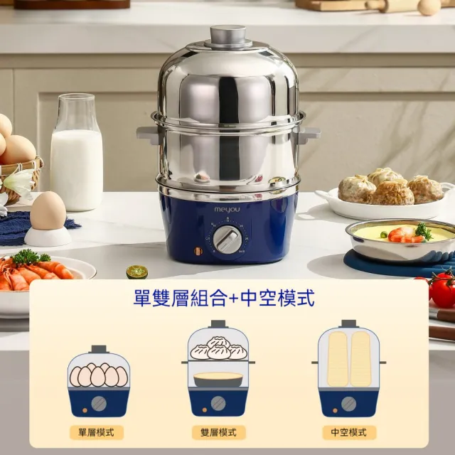 煮蛋器 蒸蛋器 雙層煮蛋機 智能電動（304不鏽鋼 可定時+自動斷電防乾燒 附量杯+蒸碗+雙蒸盤）