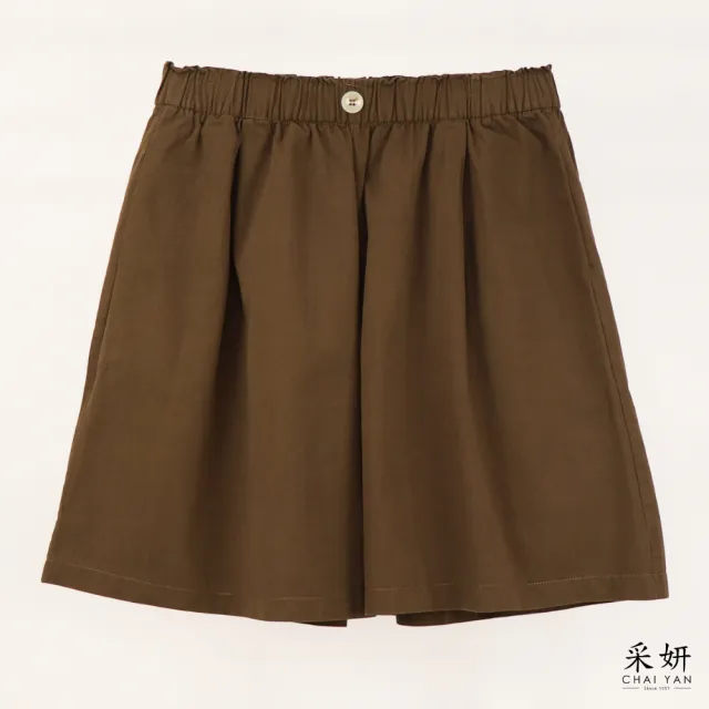 【CHAI YAN 采妍】日系單扣壓褶寬口短褲(春夏女裝/中大尺碼/文青/休閒褲/寬褲)
