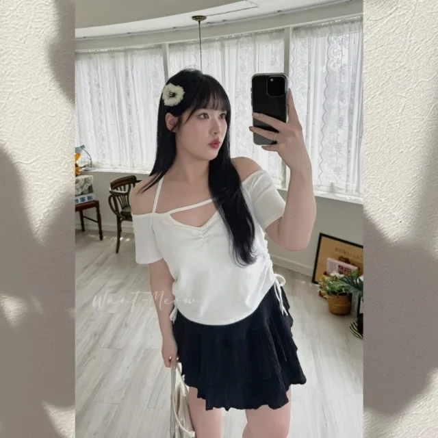 【Want-Meow】85公斤可穿/顯瘦辣美前抓皺雙側抽繩露肩繞頸上衣大學T短袖T(大碼上衣/大碼/大尺碼/短袖上衣)