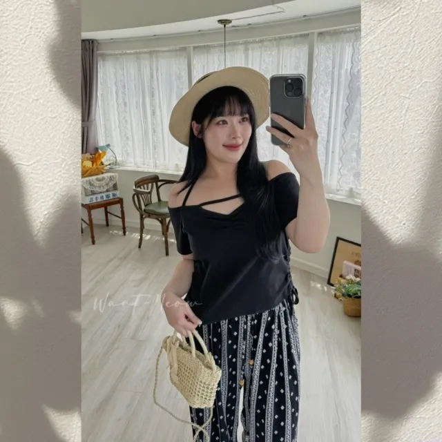 【Want-Meow】85公斤可穿/顯瘦辣美前抓皺雙側抽繩露肩繞頸上衣大學T短袖T(大碼上衣/大碼/大尺碼/短袖上衣)