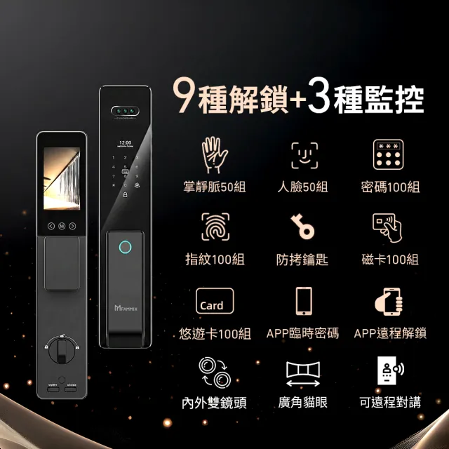 【FAMMIX 菲米斯】內外雙監控人臉掌靜脈推拉式電子鎖SAFER-F5(視訊對講/指紋/密碼/卡片/APP/含基本安裝)