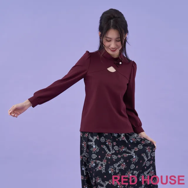 【RED HOUSE 蕾赫斯】鏤空剪接小立領上衣(酒紅色)