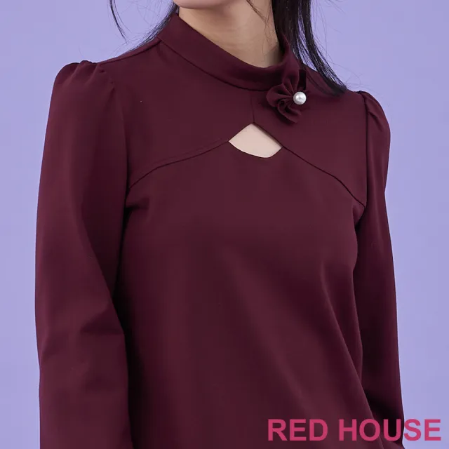 【RED HOUSE 蕾赫斯】鏤空剪接小立領上衣(酒紅色)