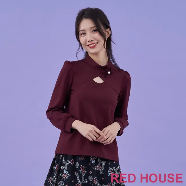 【RED HOUSE 蕾赫斯】鏤空剪接小立領上衣(酒紅色)