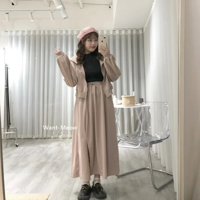 【Want-Meow】90公斤可穿/２件組兩件套裝外套+長裙韓系素面棉外套開衩裙套裝(大碼上衣/大碼/大尺碼/套裝)