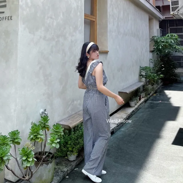 【Want-Meow】90公斤可穿/２件組兩件套裝背心+長褲韓系格紋背心套裝(大碼上衣/大碼/大尺碼/套裝)
