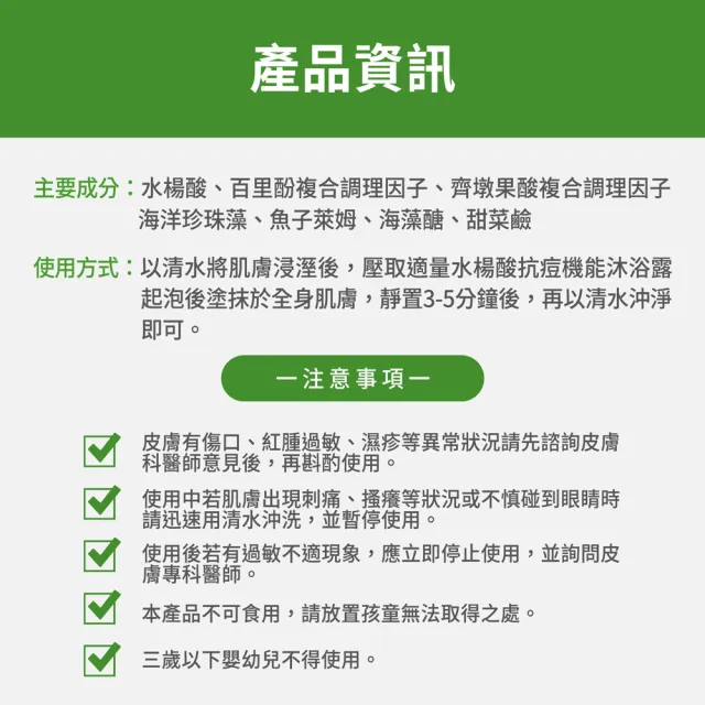 【FJ 豐傑生醫】水楊酸抗痘機能沐浴露-500ml/瓶X3入(胸背部痘痘沐浴乳ｘ收斂毛孔ｘ幫助角質代謝抗菌)