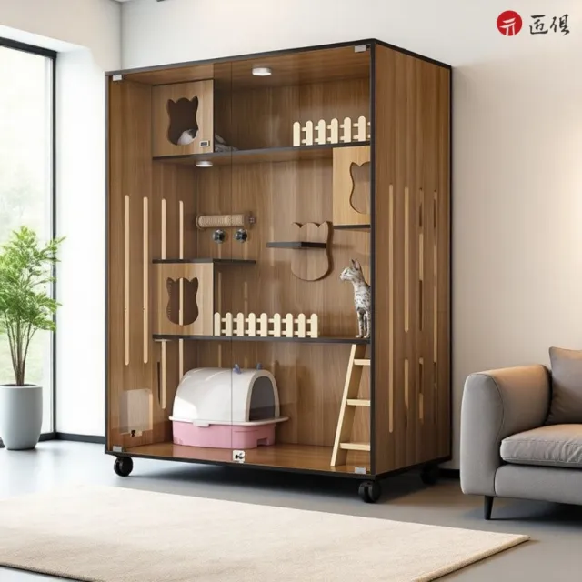 【匠俱】日系實木大型多層貓咪城堡/玻璃門展示貓籠60*60*90cm(單貓款/多層跳台/帶輪可移/多貓豪宅)
