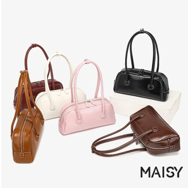 【MAISY】韓系簡約純色百搭繽紛保齡球包 單肩包 側肩包(米白色 / 酒紅色 / 棕色 / 黑色)