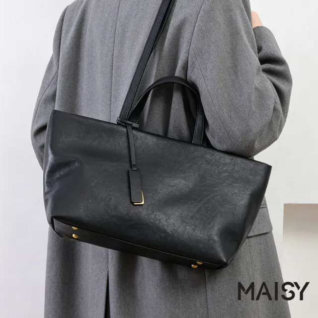 【MAISY】經典復古耐磨亮澤防水托特包 單肩包 手提包(酒紅色 / 椰棕色 / 黑色)