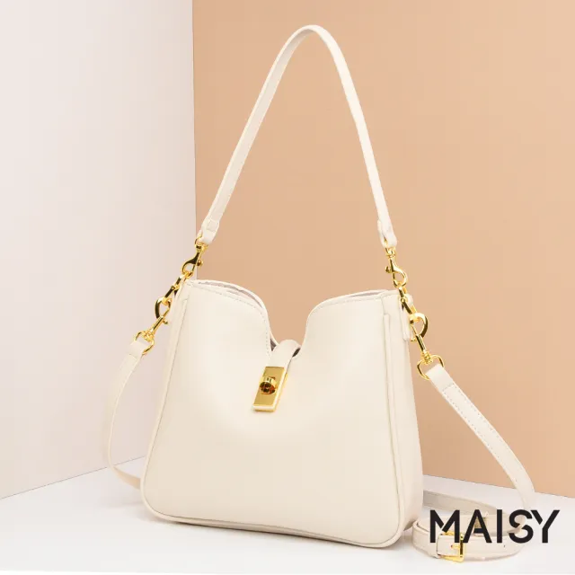 【MAISY】時尚簡約金屬百搭大容量鎖扣單肩包 斜背包(米白色 / 金棕色 / 黑色)