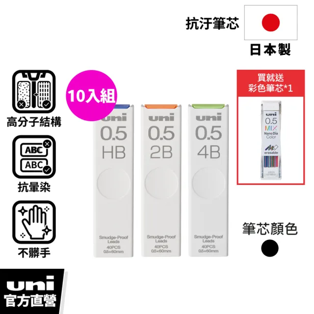 【uni】抗污自動鉛筆芯 黑色 10入囤貨組 0.5mm (40支/入)
