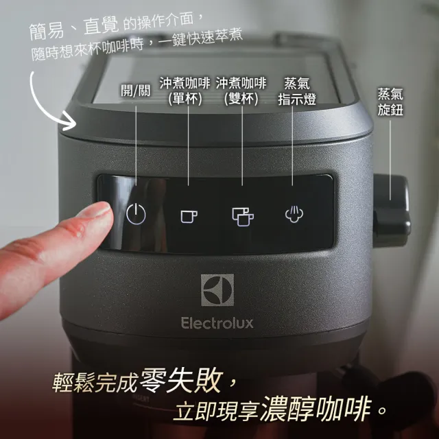 【Electrolux 伊萊克斯】極致美味500半自動義式咖啡機 兩色任選(E5EC1-51ST/E5EC1-51MB)