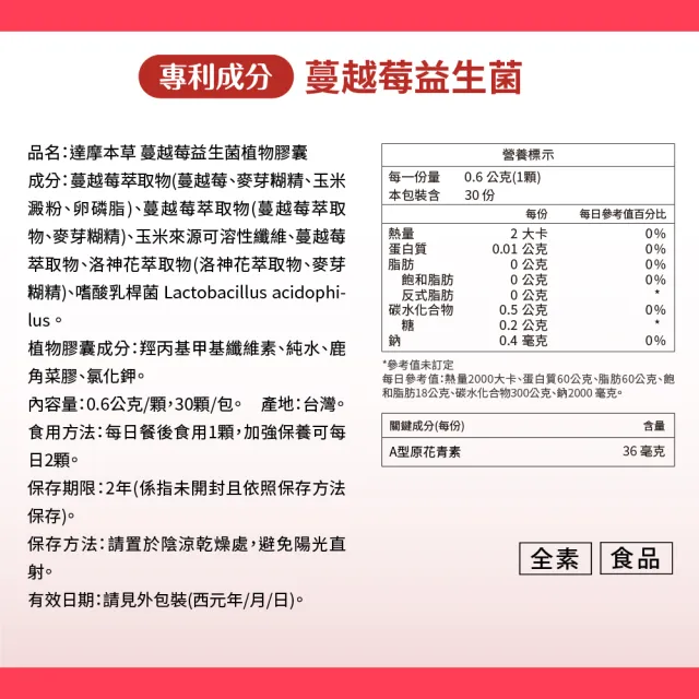【達摩本草】蔓越莓益生菌 1入30顆/包(專科醫生推薦、足量原花青素)