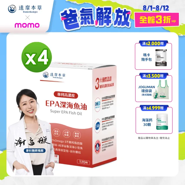 【達摩本草】高濃度EPA 專利深海魚油 4入120顆/盒(專科醫生推薦、特金獎肯定)