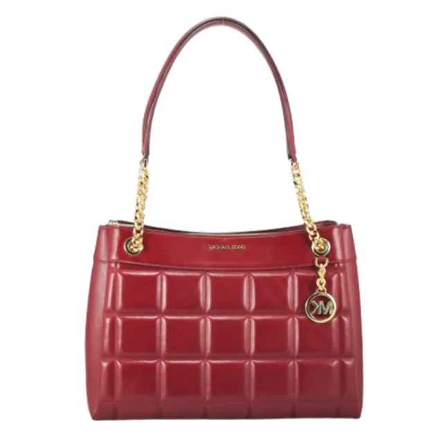 【Michael Kors】SUSAN金屬LOGO方格皮革側肩/肩背/托特包30F4GUSE2L(深紅)