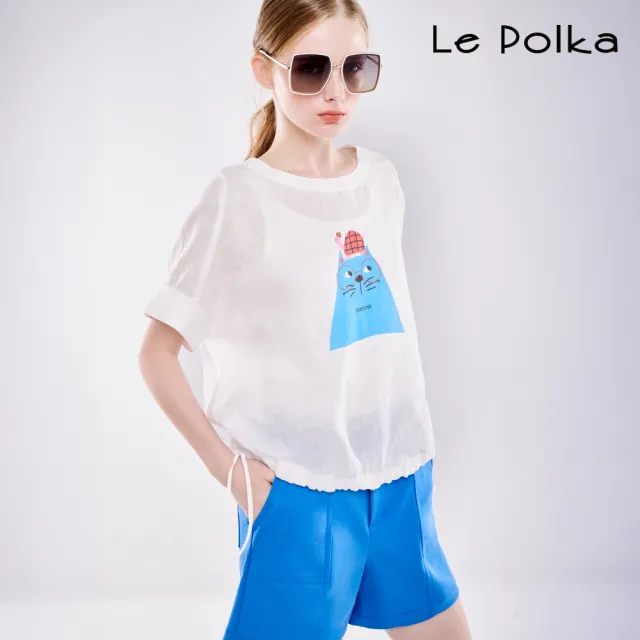 【Le Polka】貓咪印花麻料上衣-女