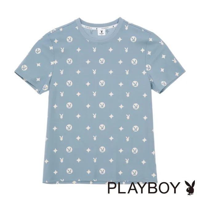 【PLAYBOY】經典滿版印短袖上衣 - 霧藍色
