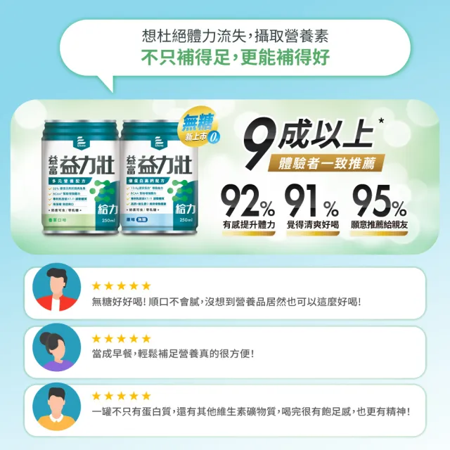 【益富】益力壯給力 優蛋白高鈣配方-原味無糖 250ml*24入*2箱(成人營養品、兩顆蛋優蛋白增肌、周華健代言)