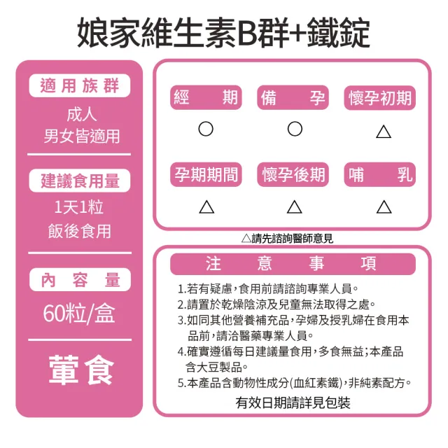 【娘家】維生素B群+鐵60錠/瓶(含賽洛美;每瓶60日份)