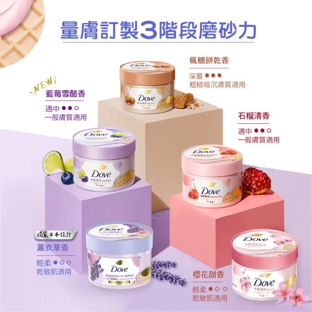 【Dove 多芬】去角質冰淇淋身體磨砂膏298gx1入(薰衣草/櫻桃/藍莓雪酪/石榴籽/櫻花/楓糖/奇異果籽)