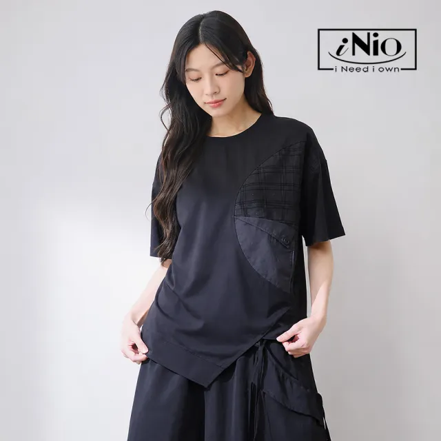 【iNio 衣著美學】不對稱下襬剪裁短袖上衣 女短袖上衣 拼接棉T 落肩上衣 圓領T恤 設計感上衣  CHW1102