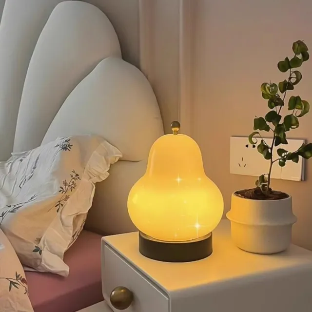 奶油梨形玻璃檯燈 梨子伴睡燈 充電式無線小夜燈 觸控燈 復古氛圍燈 臥室床頭燈 起夜燈 裝飾桌燈