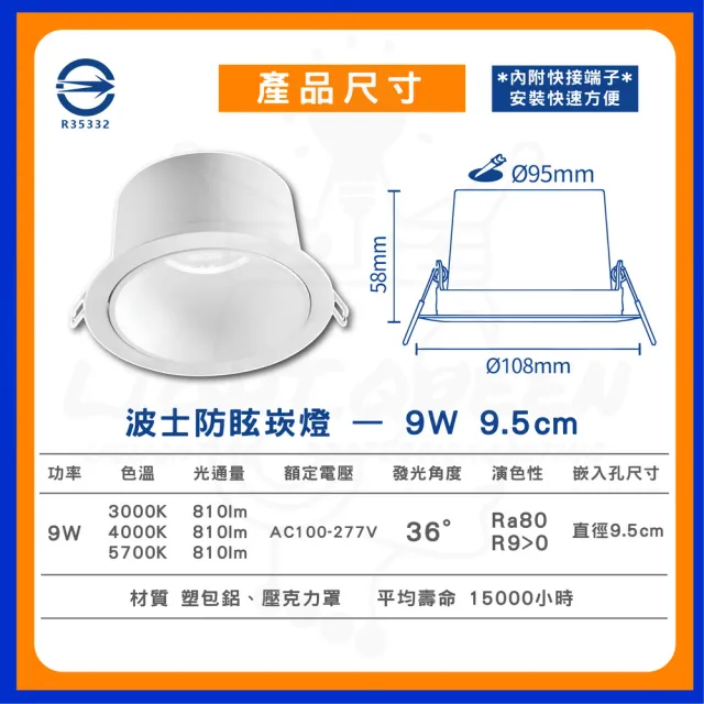 【DanceLight 舞光】3入 9W 9.5cm 波士LED調角防眩崁燈 可調角崁燈 LED崁燈 省電崁燈