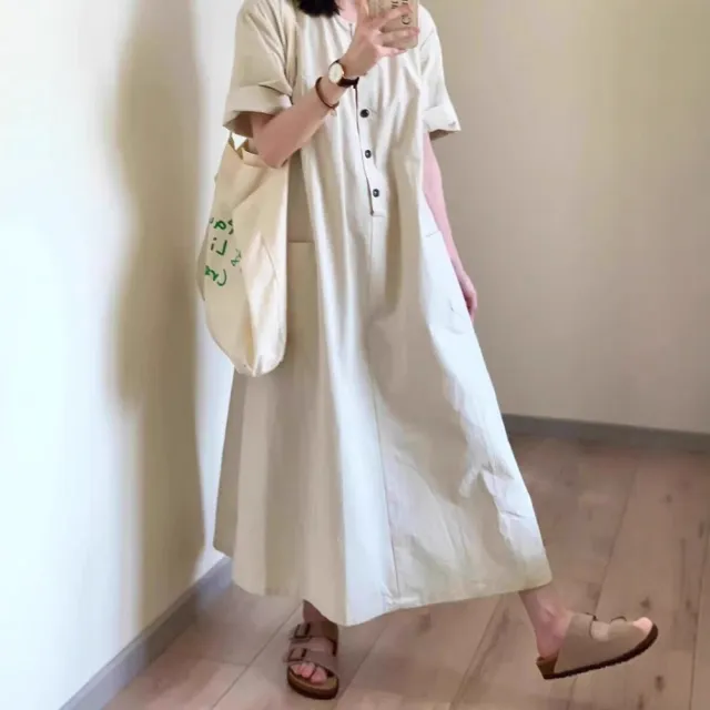 【ASister 小姊姊】現貨在庫★女裝｜洋裝☆中大尺碼圓領5釦大口袋棉麻連身裙(M-2XL)#AS2615