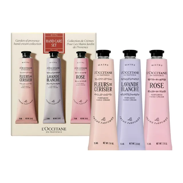 【L’Occitane 歐舒丹】普羅旺斯護手霜三件組 75ml*3(平行輸入/櫻花.白薰衣草.玫瑰)