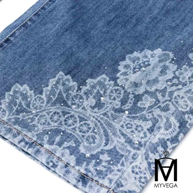 【MYVEGA 麥雪爾】MA燙鑽花卉刷色八分牛仔寬褲-藍(日系/丹寧/牛仔褲/女下著/寬褲/擴腿褲)