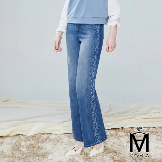 【MYVEGA 麥雪爾】MA水鑽刺繡彈性腰頭直筒牛仔褲-藍(日系/丹寧/牛仔褲/女下著/寬褲/擴腿褲)