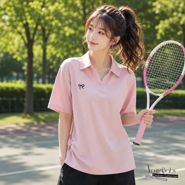 【YOUNGBABY】蝴蝶結刺繡收腰褶皺翻領Polo上衣 中大尺碼女裝