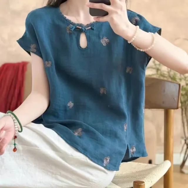 【ONEY 歐妮】★透氣涼爽刺繡棉麻上衣(女裝/女上衣/短袖T恤/休閒/日系/通勤)