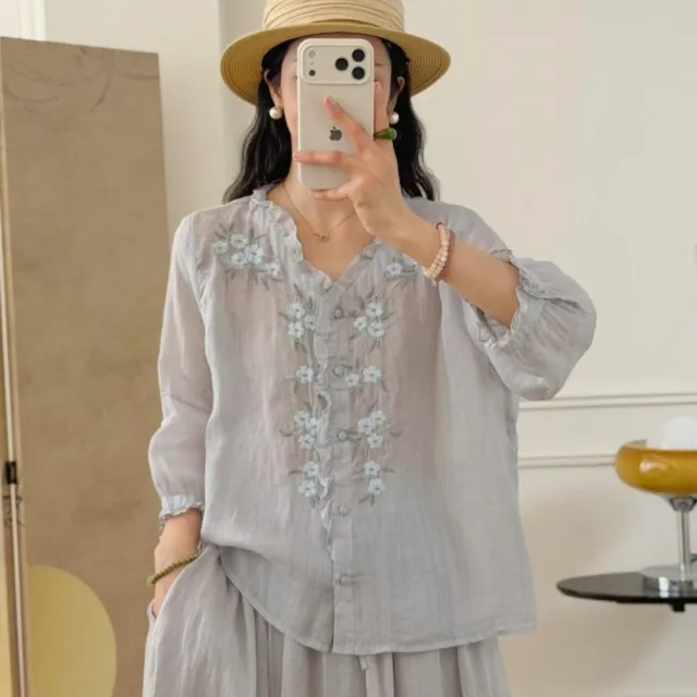【LANNI 藍尼】★文藝刺繡透氣棉麻襯衫(女裝/女上衣/棉麻衫/休閒/優雅/日系/通勤)