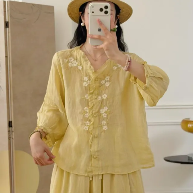 【LANNI 藍尼】★文藝刺繡透氣棉麻襯衫(女裝/女上衣/棉麻衫/休閒/優雅/日系/通勤)